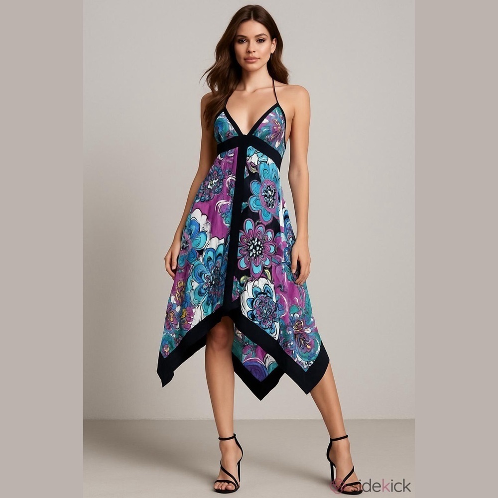 XOXO Colorful Halter Dress, Sharkbite Hem, Black, Pink, Blue, Neon, Size L